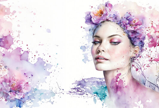 A fashion ethereal watercolor portrait of beautiful young woman with flowers