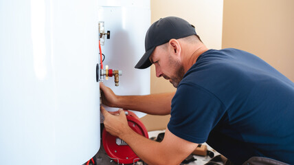 Professional plumber doing a boiler check. Maintenance service engineer working with home gas heating boiler.
