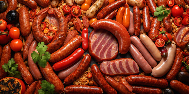 Lots of different sausages and sausages background. from different varieties of sausage. A variety of meat products. ai generative