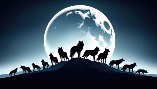 Silhouetted Wolf Pack Howling at the Full Moon