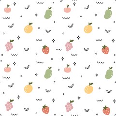 Seamless pattern of hand drawn fruits design on a white background illustration. Pattern of orange, apple, strawberry, mango and some cute doodle. 
