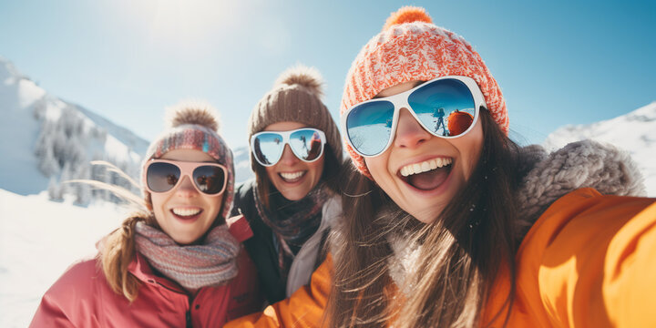 group of cheerful friends on winter vacation. in ski equipment at the resort. ai generative