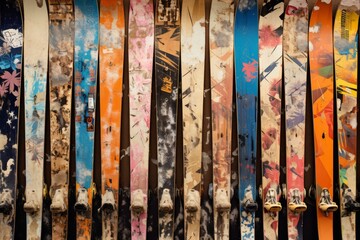 Ski rental with colorful and bright patterns, winter holidays, background - obrazy, fototapety, plakaty