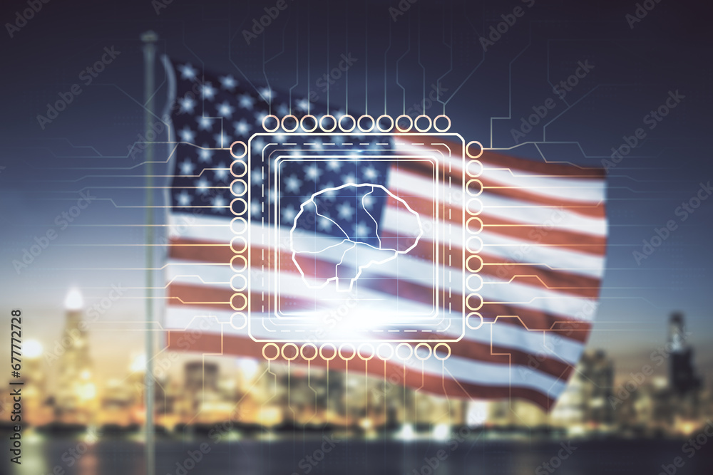 Poster virtual creative artificial intelligence hologram with human brain sketch on us flag and skyline bac