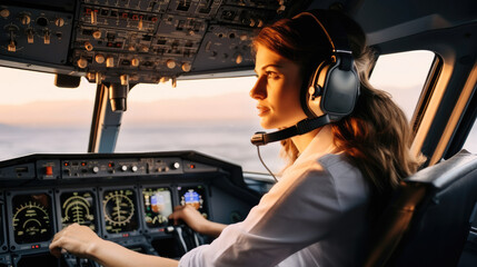 Airline pilot woman in cockpit of commercial airplane.