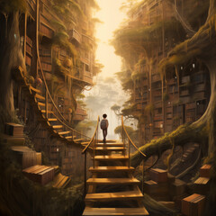 Watercolor illustration of a large tree of knowledge - Fantasy abstract surreal library - wood stairs - boy silhouette - back to school  - obrazy, fototapety, plakaty