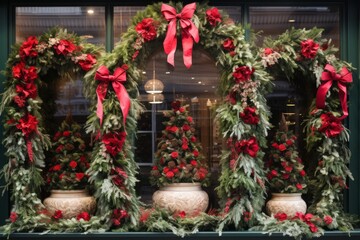Fototapeta na wymiar Charming storefront, magnificently decorated with luxurious Christmas trees and red bows, sales