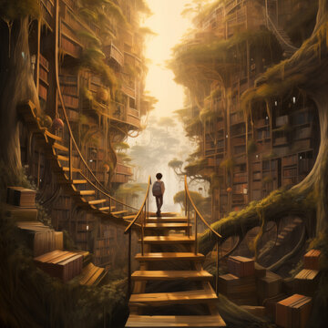Watercolor illustration of a large tree of knowledge - Fantasy abstract surreal library - wood stairs - boy silhouette - back to school 