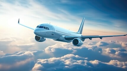 Obraz premium Aerial view of charter private jet flying above white clouds in a clear sunny day.