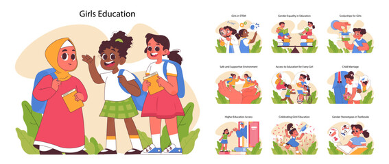 Girls education set. Diverse girls engaging in learning activities. Girls in STEM, gender equality, scholarships, supportive school environment. Challenges in girls education. Flat vector illustration