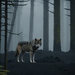 Mysterious Wolf Standing in Foggy Woods
