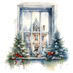 Christmas window watercolor art , greetings design template , illustration. AI generated illustration.