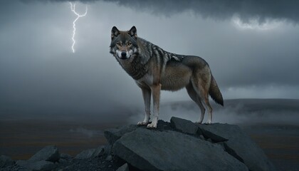 Lone Wolf in a Dramatic Landscape with Lightning