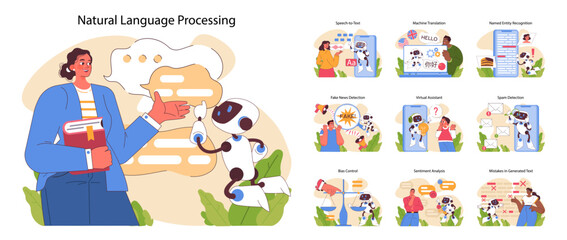 Natural language processing concept. Interactions between humans and AI across various applications. Educational and technological advancements. Artificial intelligence. Flat vector illustration