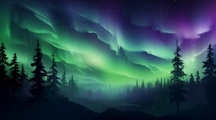 Naklejka premium Cosmic Aurora Borealis: An Ethereal Background Featuring Northern Lights in Mesmerizing Greens and Purples - Capturing the Mystical Beauty of the Night at the forest