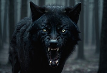 Intimidating Black Wolf with Bared Teeth in Forest