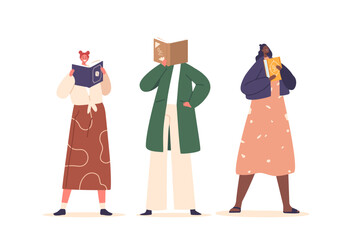 Diverse Group Of Female Characters Stand With Books. Women Engrossed In Reading, Cartoon People Vector Illustration