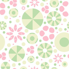 Pink, green and white tones on the elements.