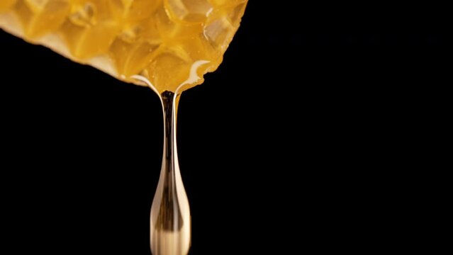 Honey drips from honeycombs in mesmerizing macro: golden elixir close-up footage