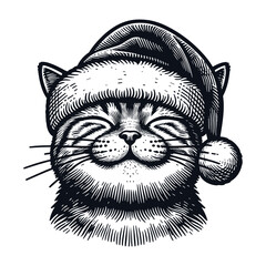 happy smiling cat wearing a Christmas hat sketch - obrazy, fototapety, plakaty