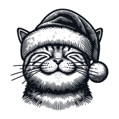 Tuinposter happy smiling cat wearing a Christmas hat sketch © Satoru Sketches