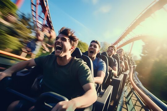 young men playing Roller Coaster at amusement park