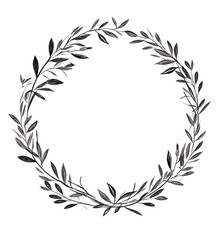 a wreath in black and white made from flowers and leaves on white background