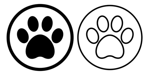 Black animal dog footprint paw	stamp, solid and outlined. Vector