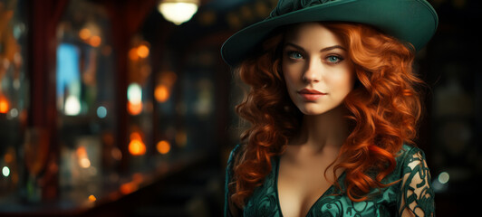 Fototapeta premium Portrait of beautiful woman with red hair and green hat, idea for an invitation to St. Patrick's Day