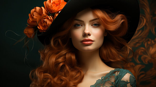 Beautiful woman with red hair and a green hat, idea for a poster in art nouveau style