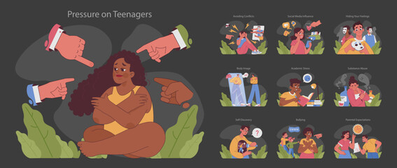 Pressure on teenagers dark or night mode set. Teens exploring self-worth, academic hurdles, societal influences and judgments. Body image concerns and parental expectations. Flat vector illustration - obrazy, fototapety, plakaty