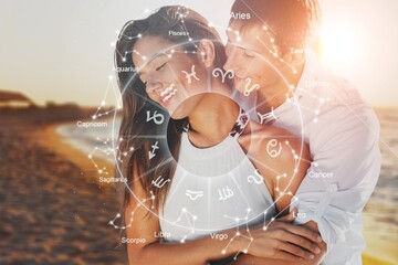 Horoscope concept. Loving happy couple with zodiac wheel