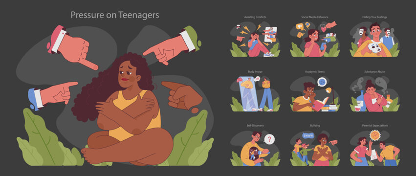 Pressure on teenagers dark or night mode set. Teens exploring self-worth, academic hurdles, societal influences and judgments. Body image concerns and parental expectations. Flat vector illustration