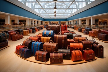 Showroom in huge and luxurious store for lovers of stylish luggage and bags, winter sales, travel - obrazy, fototapety, plakaty