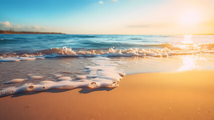 Breathtaking setting sun over a beach with soft sands and remarkable waves, facilitated by artificial intelligence.