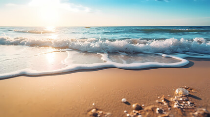 Beach in the morning with beautiful waves. Created with the help of artificial intelligence.