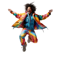 Poster Afro young woman dancing or jumping, isolated on white or transparent background. © Marcela Ruty Romero