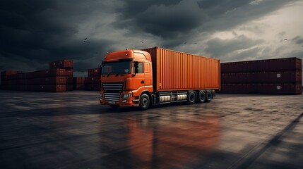 Orange container truck for export and import - obrazy, fototapety, plakaty