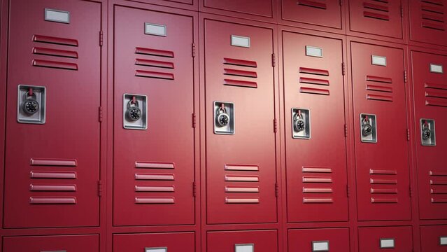 Row of closed ameriocan football locker room and one opened with football attributes, football ball, red helmet and jersey. 3d video animation