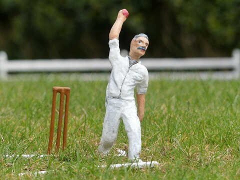 Miniature of cricket bowler by wicket at Bekonscot Model Village in Beaconsfield, Buckinghamshire