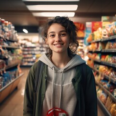 Portrait of a happy customer  teenager shopper in a grocery supermarket  store