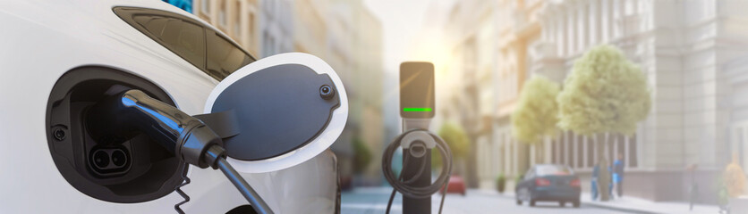 ev charging station for electric car in concept of green energy and eco power produced from...