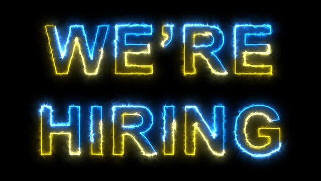 Flickering We Are Hiring Join Our Team Lettering Glowing Light Neon Sign With Motion Dotted And Dashed Border Line On Dark Blue Brick Wall Separated Background 10 Seconds, Loopable 4K.