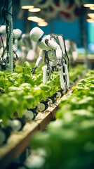 Artificial intelligence robot working in the hydroponic vegetable farm.
