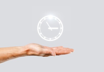 Doctor hands holding time clock icon service concept