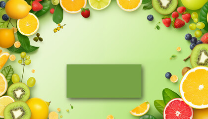 Green landing page for fruits dieting. Сitrus fruits and kiwi on green backdrop with copy space for text or logo.