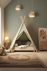 A kid's bedroom with light green coloring, a teepee in the center of the picture, and natural light from large windows.