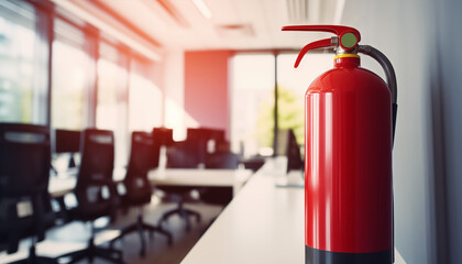Red fire extinguisher on podium in front of meeting room of office space. Fire safety in business centre.