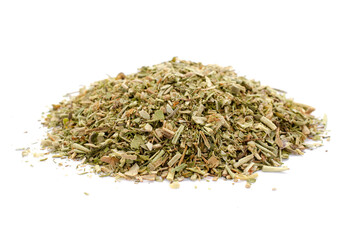 Mixture of dried Provencal herbs isolated on a white background. Pile of natural dried Provencal herbs. Heap of dried Provencal herbs isolated on a white background.