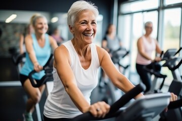 Smiling happy healthy  senior woman with grey hair practising indoors sport with group of people on an exercise bike in gym.
